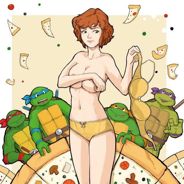 april o'neil+donatello+leonardo+michelangelo+raphael