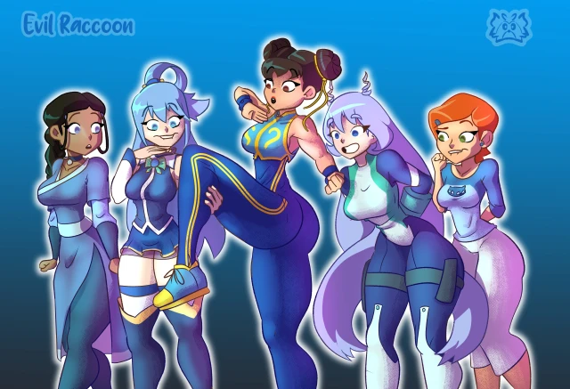 aqua (konosuba),chun-li,gwen tennyson,hadou nejire,hadou nejire (hero outfit),katara,nejire hado,nejire hado (hero outfit)
