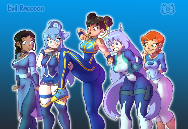 aqua (konosuba),chun-li,gwen tennyson,hadou nejire,hadou nejire (hero outfit),katara,nejire hado,nejire hado (hero outfit)